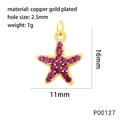 Macro detail of gold plated starfish pendant with pink cubic zirconia and size specs - Starfish P00127