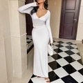 Elegante witte tweedelige maxi-jurk met lange mouwen van zachte elastische stof - M / Wit