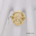 Detail view of gold heart ring with cubic zirconia inlay showing 20mm size and 4.5g weight - Round Cross Pave Zirconia Style (D)