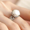 Elegant adjustable S925 sterling silver ring with a large white freshwater pearl - Hollowed Out Pearl Ring