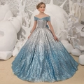 Abito da principessa con paillettes scollatura a barca e sfumatura blu e argento per bambine - 80cm / Azzurro