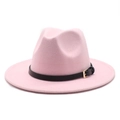 Detailed close-up of pink wool fedora hat with a black leather band and gold buckle - Pink