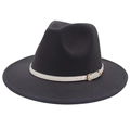Detail of black wool fedora featuring a white faux leather strap and golden buckle - M (56-58cm) / Dark Grey (White Belt)