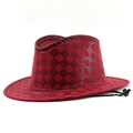 Red plaid cowboy hat with side air vents and adjustable chin strap on white background - M (56-58cm) Adjustable / Red