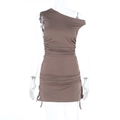 Brown rib-knit one-shoulder mini dress with drawstring ruching on a ghost mannequin - XS / Tan