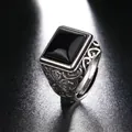 Macro shot of vintage silver ring with black square stone and filigree detailing - Adjustable Open / Style H-Retro Vine Carving / Silver/Black