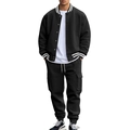 Men's black baseball jacket and cargo pants tracksuit set with white striped details - S / Top And Bottom / Black