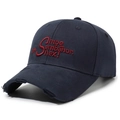 Navy blue vintage baseball cap with red letter embroidery and distressed brim edge - Navy Blue
