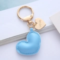 Sky blue leather heart keychain with light gold metal ring and Love charm - Lake Blue