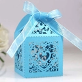 Elegant light blue laser-cut heart favor box with matching satin ribbon for weddings - Sky Blue