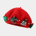 Detail of red wool beret with Christmas bow, tree, and candy cane ornaments - Red (Christmas Style 3)