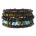 Detail of bohemian multilayered wood and turquoise beads bracelet set with butterfly charm - Olive Green Blue Bead Butterfly (40)