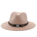 Detailed macro view of woven straw hat featuring turquoise beads and silver metal carving - Flesh Pink