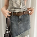Vintage brown embossed leather belt with brass buckle on denim skirt for Y2K style - Brown (Floral Leaf Pattern)