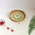 28cm round rattan woven tray with green flower pattern base and wooden handles - Green Grape / Large 28x3cm