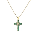 Collana con croce placcata oro con zircone rettangolare verde e piccoli cristalli bianchi - Verde