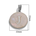 Silver stainless steel round letter J pendant with shell inlay, size 32mm by 22mm - Steel J