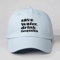 Light blue cotton baseball cap with Save Water Drink Tequila embroidery and curved brim - Sky Blue