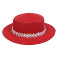 Red straw boater hat with delicate white lace and elegant pearl band decoration - Pearl Lace Decor Band Style (302A)