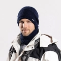 Navy blue winter knit beanie and neck warmer set with waffle texture and fleece lining - Navy Blue
