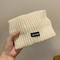 Winter knitted bear ear bucket hat in beige oatmeal color with woven patch - Knitted Headband - Cream White
