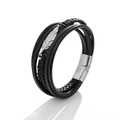Men's multi-layer black braided leather bracelet with silver feather pendant and magnetic clasp - 24cm / Black/Steel Color Clasp
