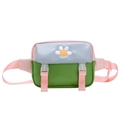 Kids waist bag with blue daisy embroidery, green body and pink adjustable strap - Pink Flower