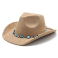 Vintage western cowboy hat in camel suede with bohemian beaded band on white background - M(56-58cm) / Camel Faux Suede