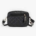 Black quilted crossbody camera bag with chic lettered strap and gold hardware accents - Rhombic Embroidery / Black