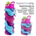 Pink and purple camo collapsible silicone water bottle 500ml shown folded and expanded - Handle Cap/Charming Red Camo