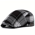 Classic black and white plaid flat cap with adjustable bronze metal buckle and retro style - Black