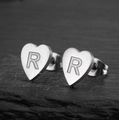Minimalist stainless steel heart stud earring featuring engraved capital letter R - Letter R / Steel