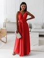 Detail of elegant red satin V-neck evening gown with waist tie and flowing skirt texture - S / Red