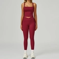 Ensemble de yoga bordeaux pour femme avec legging taille croisée et brassière à poches - Rouge Cerise (Débardeur + Pantalon)
