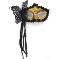 Venetian masquerade mask in gold and black with butterfly lace and glitter fringe - Butterfly Tassel Handheld Style / Gold