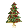 Golden Christmas tree brooch with green enamel and red rhinestones on white background - W20483C01-Gold Green Enamel Red Rhinestone 3D Christmas Tree