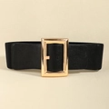 Women's wide elastic black waist belt featuring a large polished gold square buckle - Black 19207