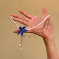 Elegant French style pearl necklace featuring a handcrafted blue beaded flower pendant detail - Necklace (Silver-Blue-White)