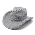 Grey plush western cowboy hat with thick wool-like texture for winter warmth - M (56-58cm) / Gray