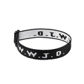 Detail of adjustable black nylon WWJD woven bracelet with white lettering and buckle - Black Jacquard