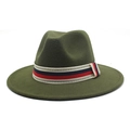 Classic dark green wool fedora with retro striped ribbon band for men and women - Army Green