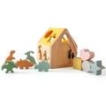 Wooden shape sorter house toy with colorful silicone dinosaur and geometric blocks - Shape Sorter House Dinosaur Style
