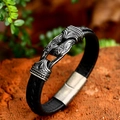 Vintage Viking engraved metal clasp on black textured leather bracelet for men - 18cm / Single Rope Antique Black