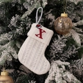 White knitted Christmas stocking with red embroidered letter X and Santa hat detail - Embroidered Knitted Small Sock White X