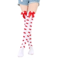 Detailed view of white over-knee socks with red lip prints and decorative bows - One Size / White Socks With Red Lip Print And Red Bow