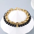 Bracelet double couche pour homme avec chaîne en acier doré et perles d'onyx noir mat - Couleur Or (KB185325-Z)