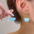 Elegant light blue flower pearl drop earrings with golden chains for a feminine look - Blue White Resin Petal Pendant Style (5389)