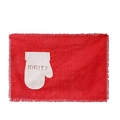 Red Christmas placemat with white glove pocket and merry embroidery fringe detail - Glove Style / Red