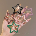 Five-color pentagram star rhinestone hair clips set in black, purple, brown, pink and green - Mirror Star / Green