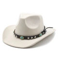 Detail van beige suède cowboyhoed met zwarte lederen band en turquoise edelstenen - Gebroken Wit (Suède)